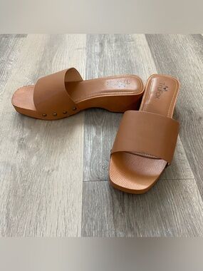 TruFox Brown Platform Slide Sandals Faux Wood and Leather Size 8.5